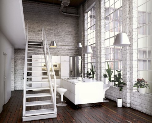 loft industriale Zona Cucina con un soffitto alto circa 6 metri | dreaming home