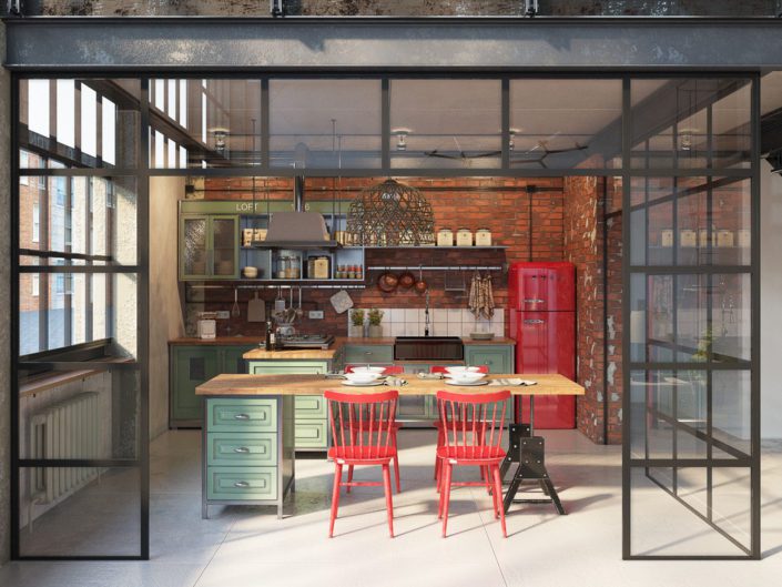loft arredamento chic cucina industriale luminosa