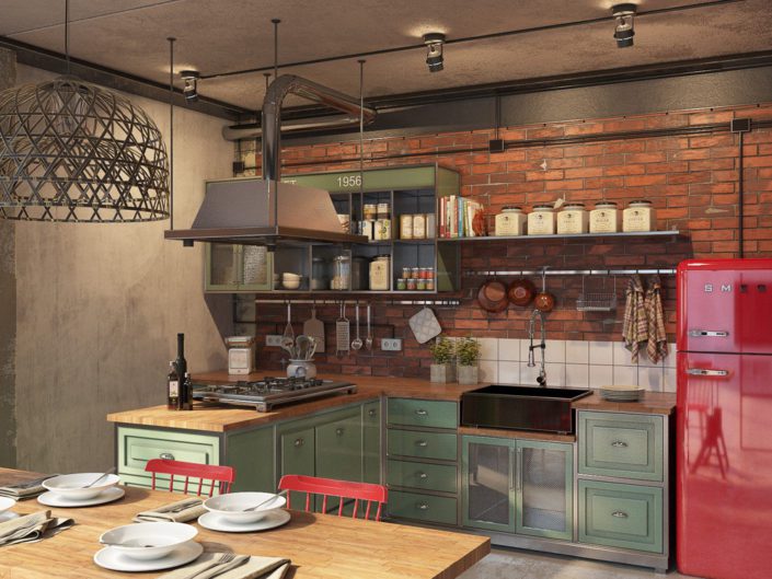 loft arredamento industrial chic cucina verde frigo rosso