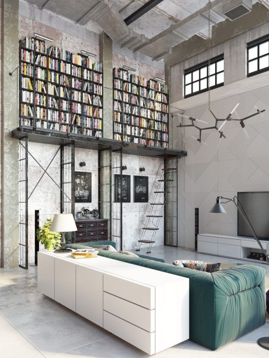 loft arredamento industrial chic muro libreria lampade