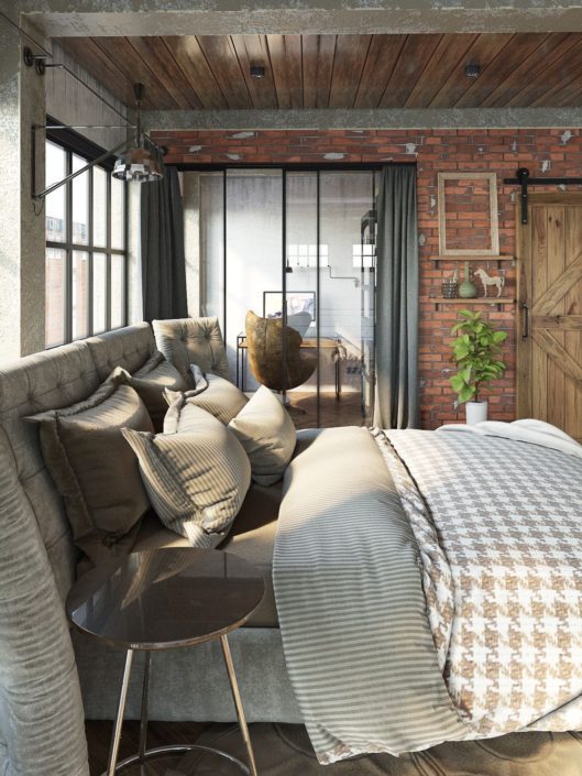 loft arredamento industrial chic tende letto copriletto