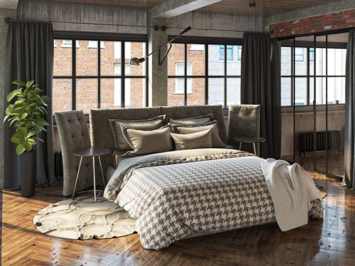 loft arredamento industrial chic tende letto cuscini tappeto