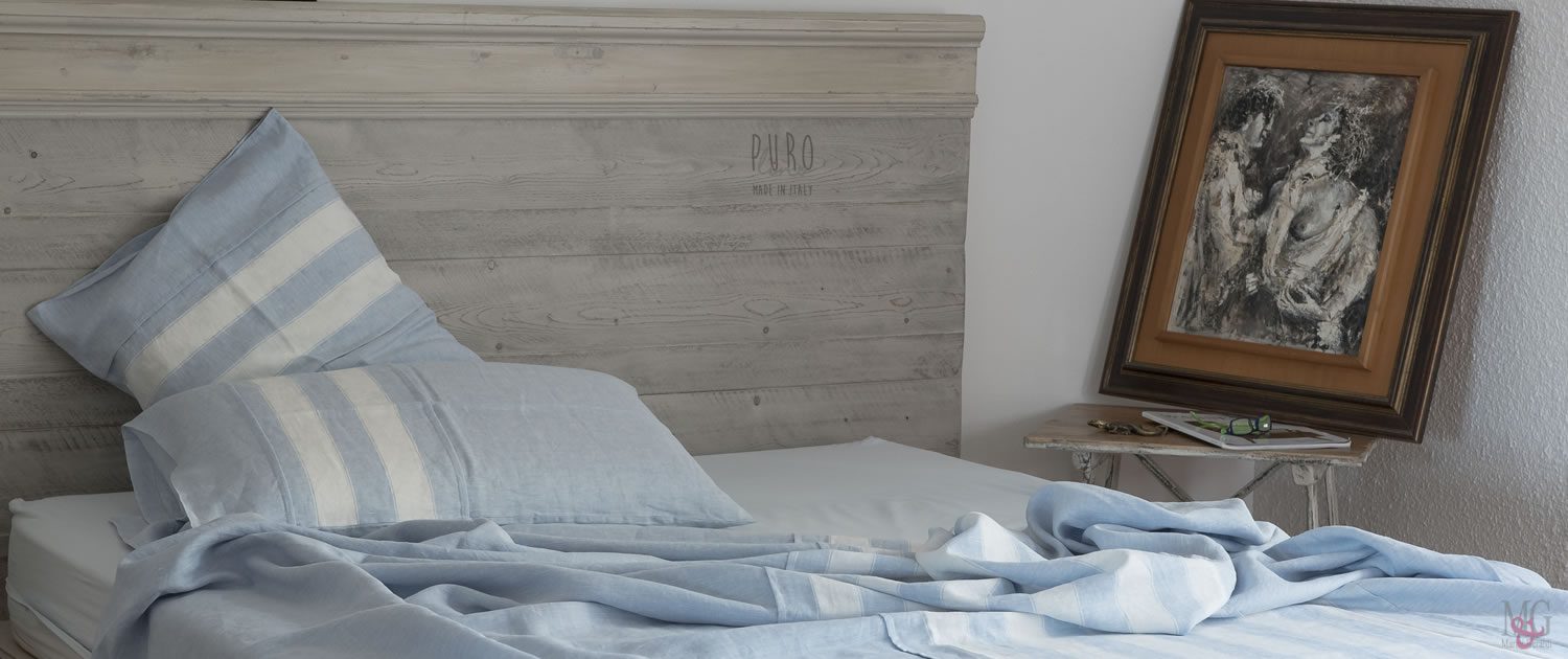 biancheria letto lenzuola lino righe colore ceruleo